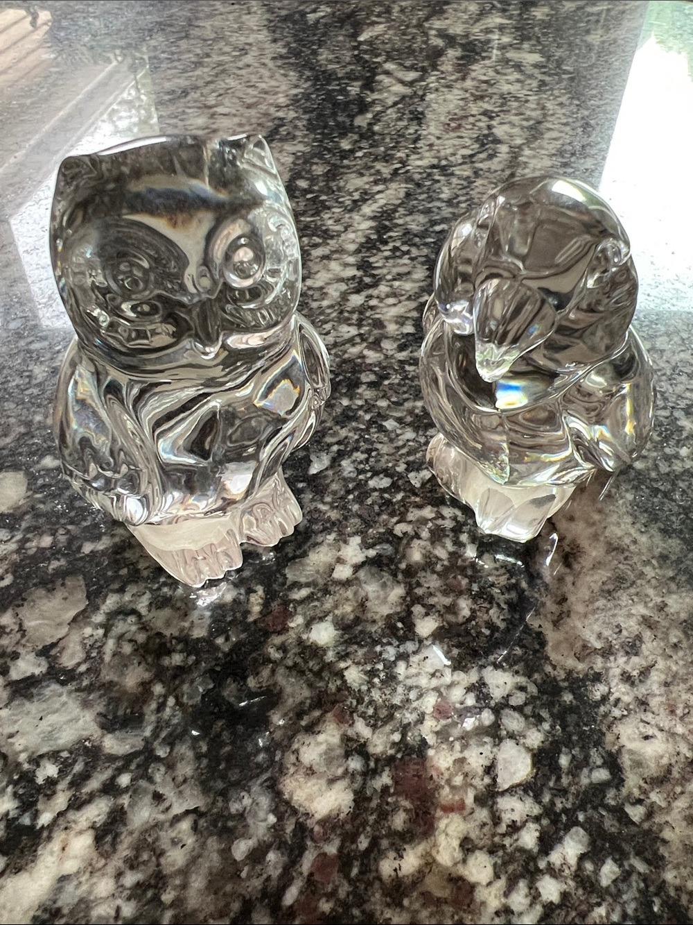 Crystal Owl and Bird Figurine Pair - Clear Glass